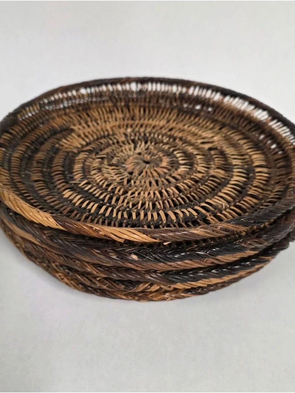 Boho Tiki Wicker Rattan Round Serving Plate Brown/Tan - Set Of (6) Picnic BBQ